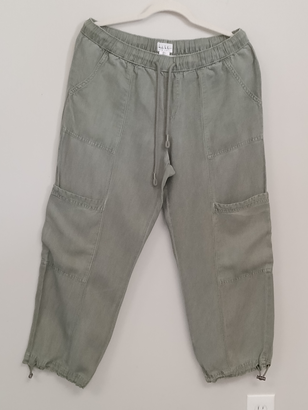 Nicole Miller Linen Lyocell Blend Olive Green Utility Jogger Pants Wonens Large